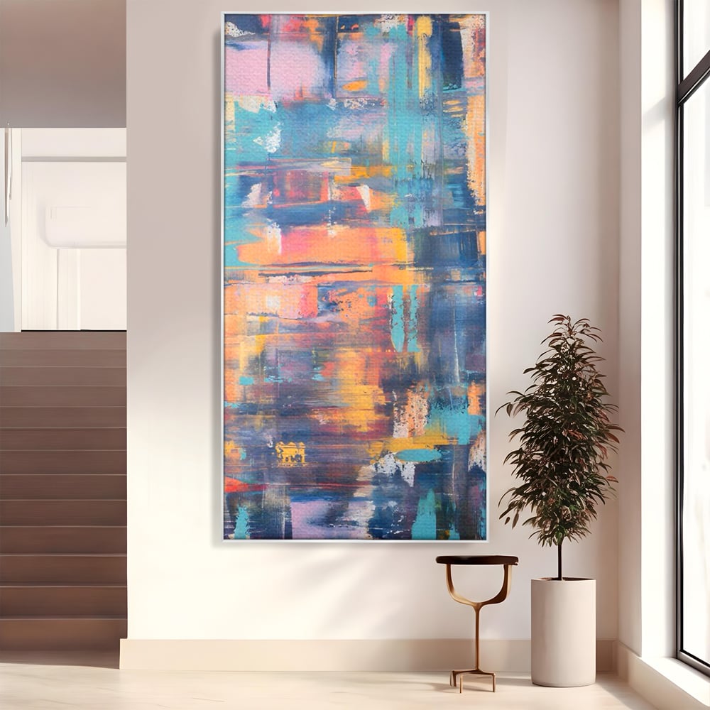 Tablou canvas cu pictura abstracta cu linii verticale, in rama de aluminiu argintiu